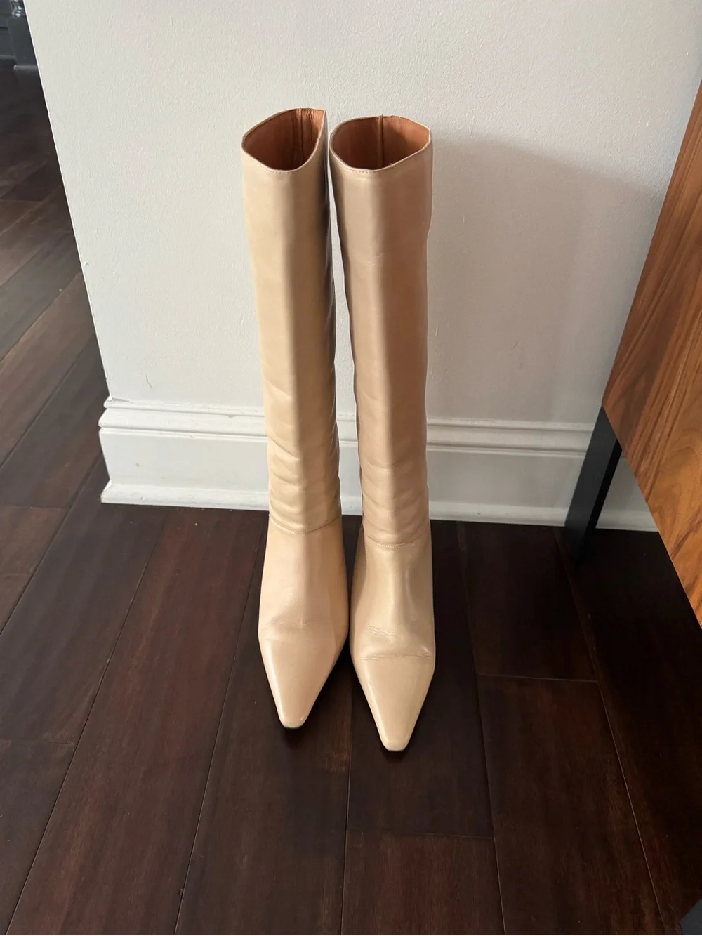 Anthropologies Tall Pointed-Toe Knee High Boots in Beige - Women's Fashion